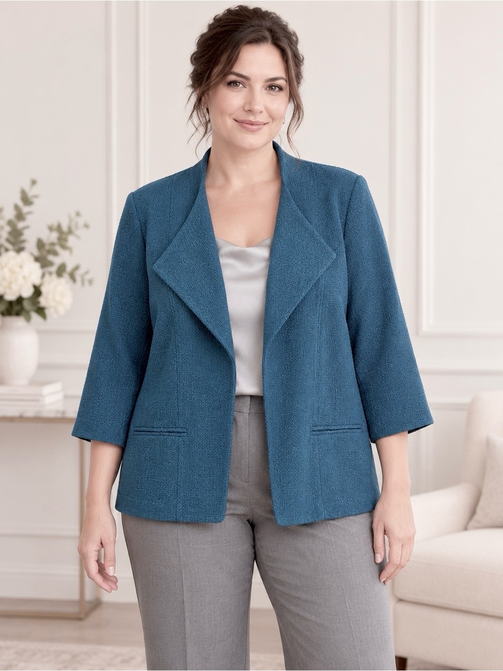 CHICO’S Blazer Open Front Wide Shawl Collar 3/4 Sleeve Two Front Pockets Blue